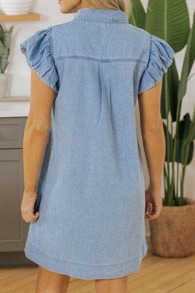 Smocked Collared Neck Cap Sleeve Denim Dress - SwagglyLife Home & Fashion