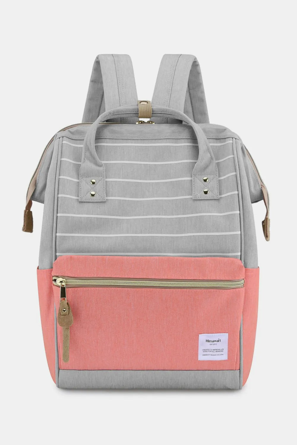 Himawari Waterproof Canvas Backpack Bag with Side Pockets in Grey Pink Stripe One Size - photo