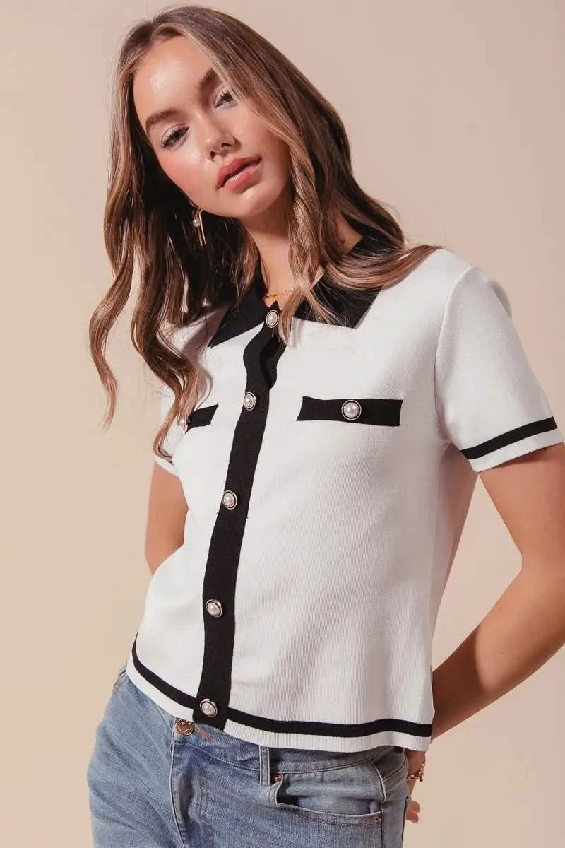 SO ME Button Down Knitted Sweater Shirt Top in - photo