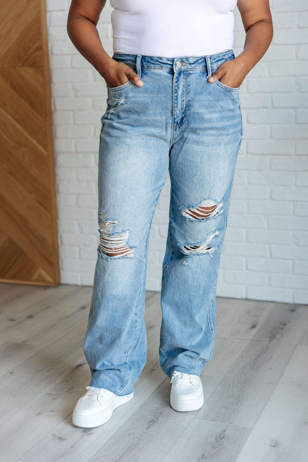 Ramona High Rise Rigid Magic Destroyed Straight Jeans in - Denim photo
