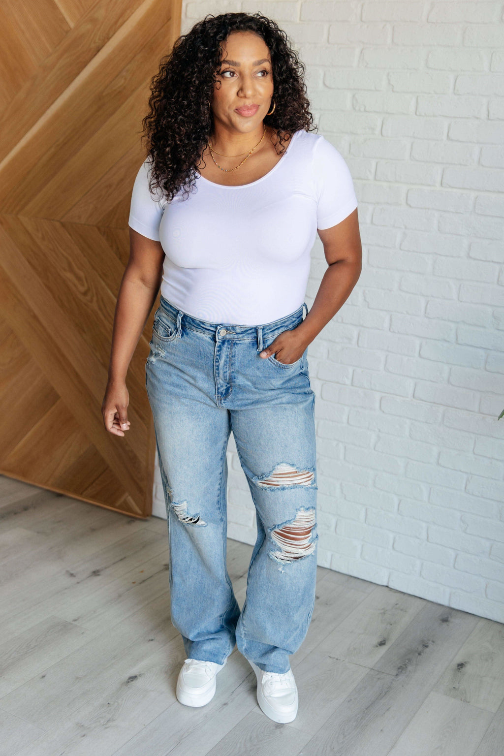 Ramona High Rise Rigid Magic Destroyed Straight Jeans in - Denim photo