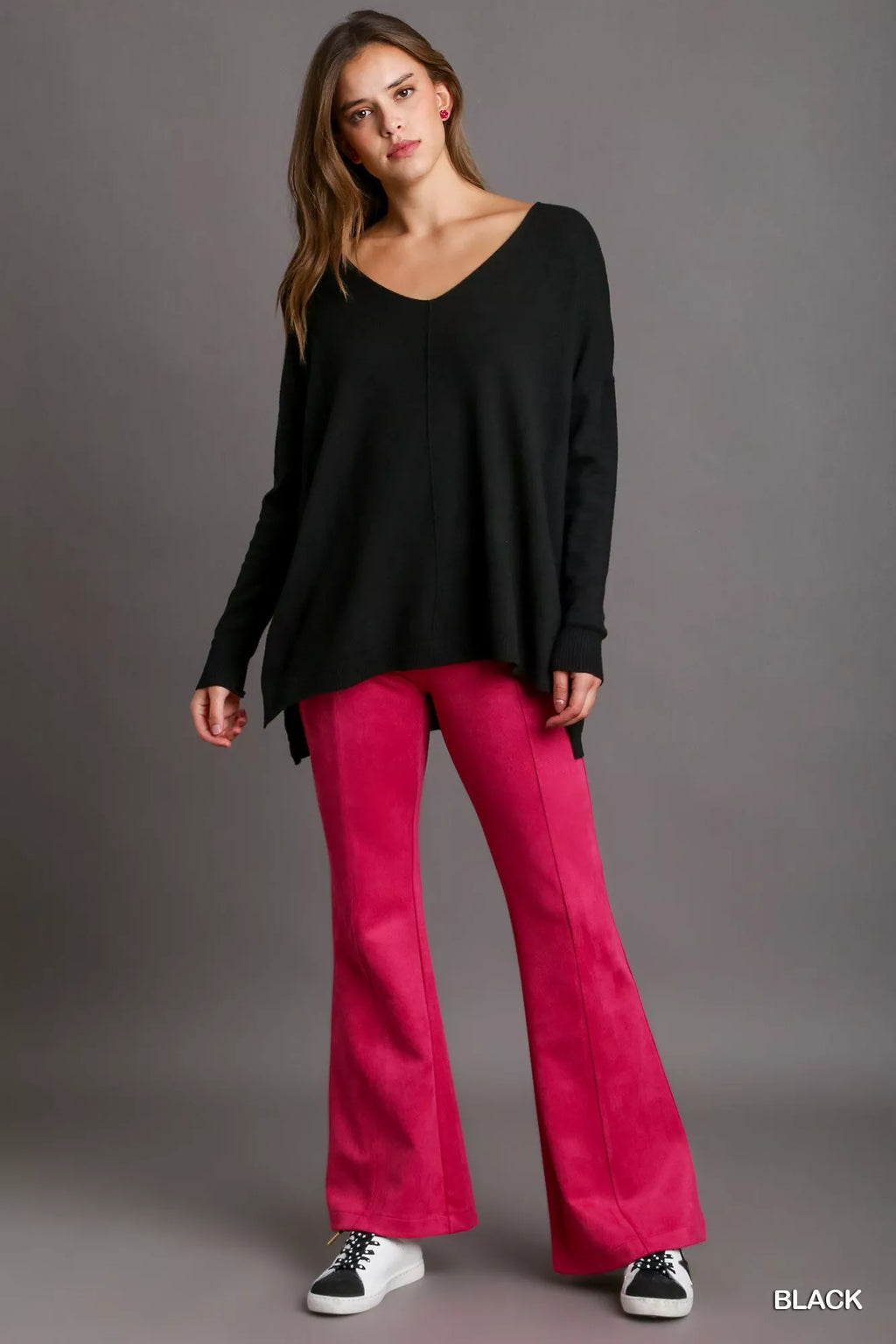 Umgee V-Neck High Low Hem Knit Top with Side Slit in - photo