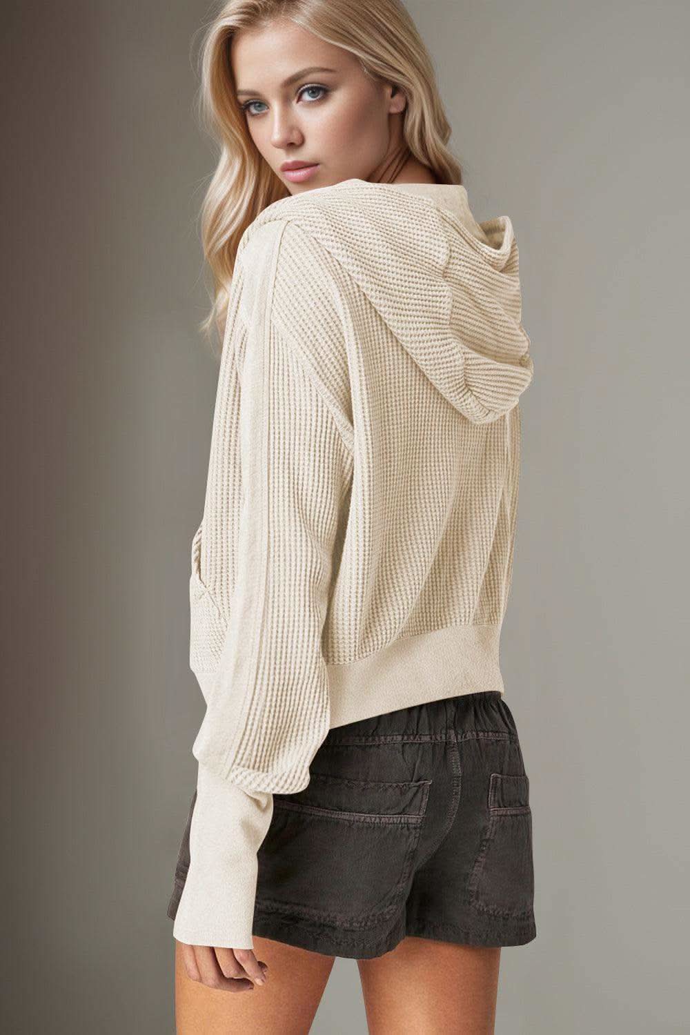 Double Take Waffle-Knit Zip Up Long Sleeve Hooded Jacket in - photo