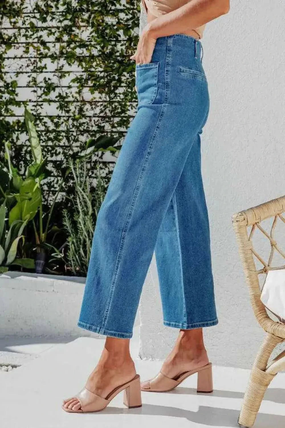 Button Fly Cropped Wide Leg Jeans in - photo