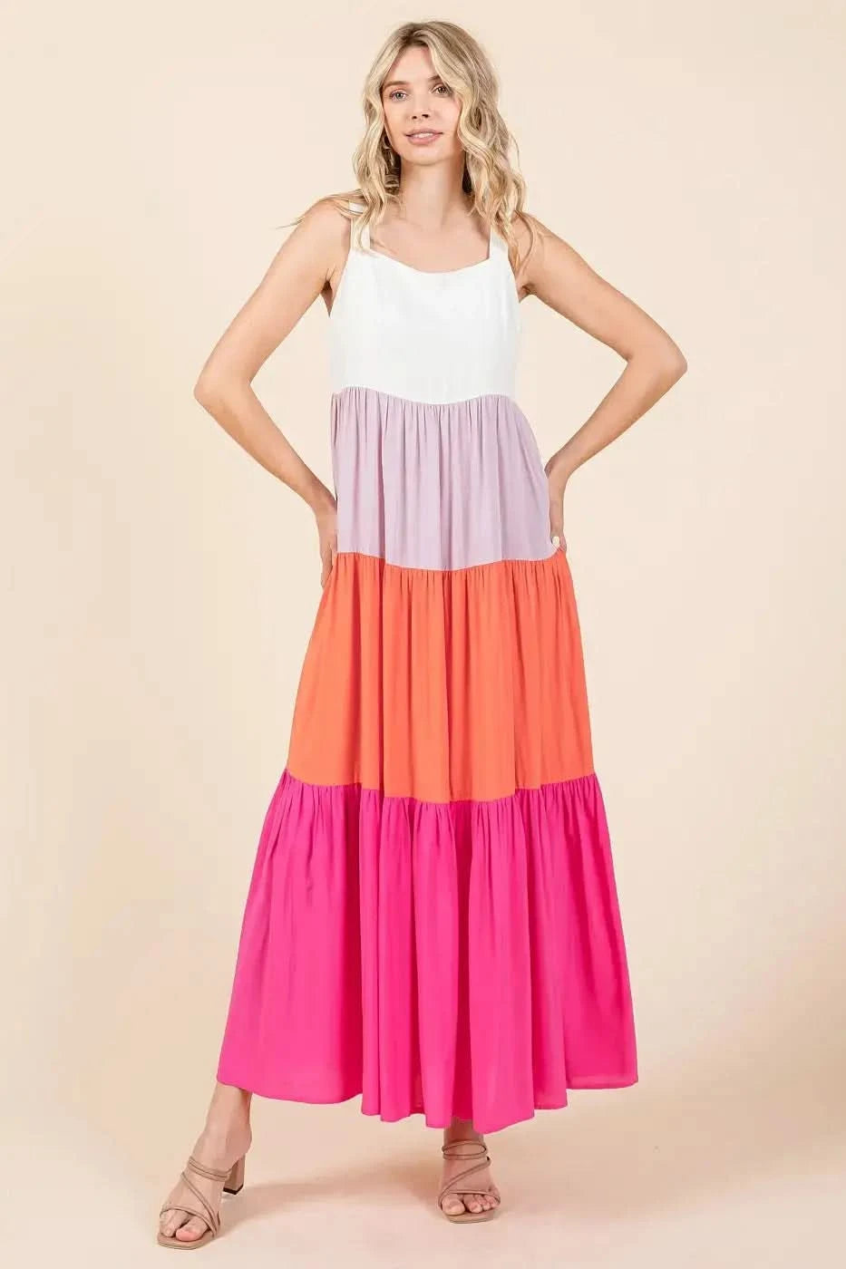 Mittoshop Color Block Tiered Pull-On Maxi Dress in FUCHSIA MULTI - photo