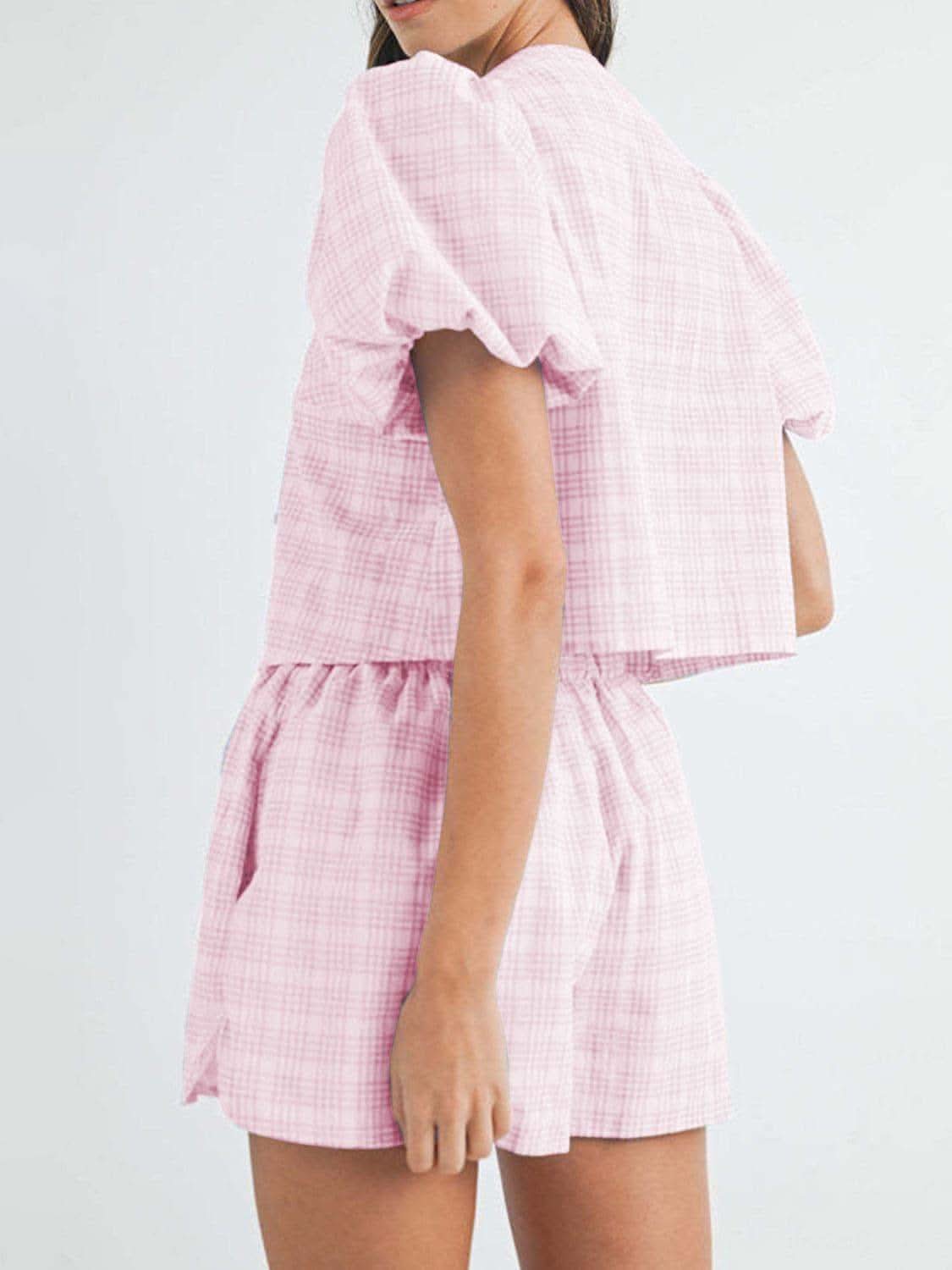 V-Neck Puff Sleeve Top and Shorts Set - SwagglyLife Home & Fashion V-Neck Puff Sleeve Top and Shorts Set - SwagglyLife Home & Fashion