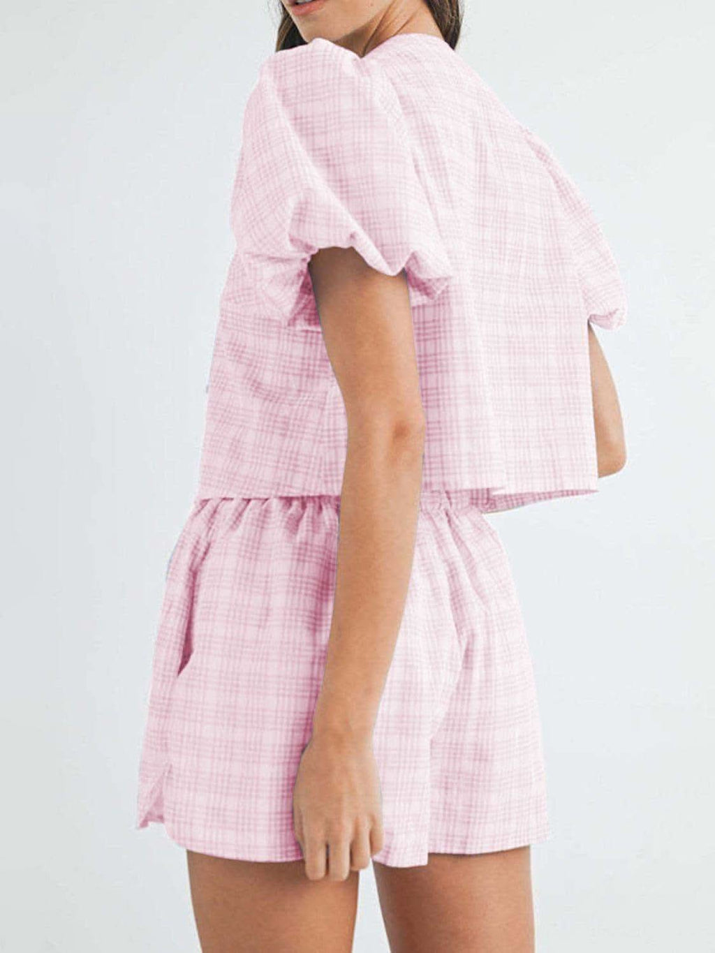 V-Neck Puff Sleeve Top and Shorts Set - SwagglyLife Home & Fashion