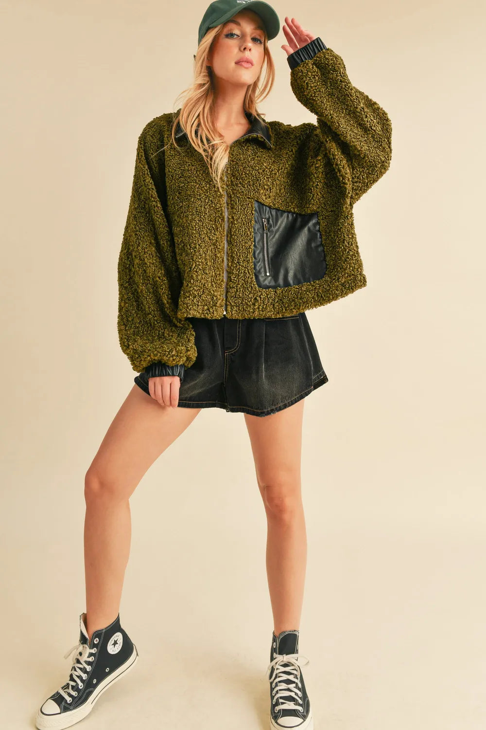 Aemi + Co Collared Neck Zip Up Sherpa Jacket in - photo