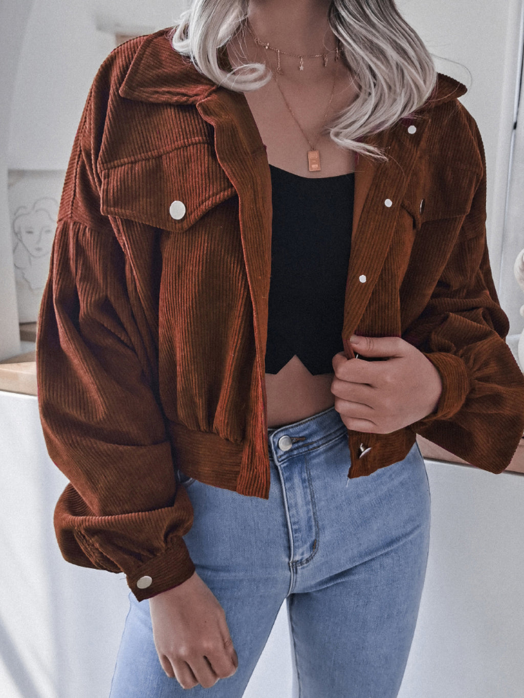 Lantern Sleeve Cropped Corduroy Jacket in Brown - photo