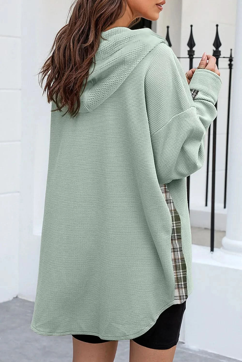 Waffle Knit Plaid Patchwork Drawstring Hooded Shacket in - photo