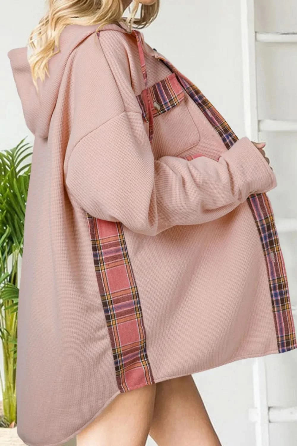 Waffle Knit Plaid Patchwork Drawstring Hooded Shacket in - photo