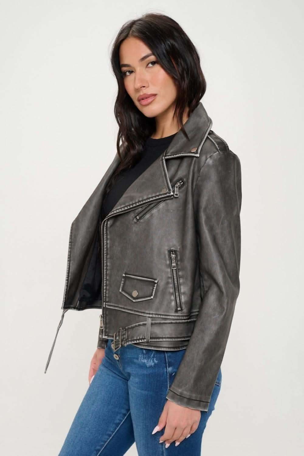 Coalition LA Zip Up Biker Jacket with Belt - SwagglyLife Home & Fashion