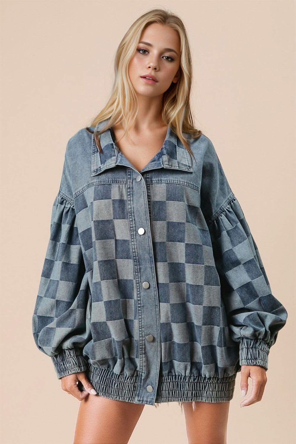 Double Take Checkered Button Up Denim Jacket in Medium - Jackets photo