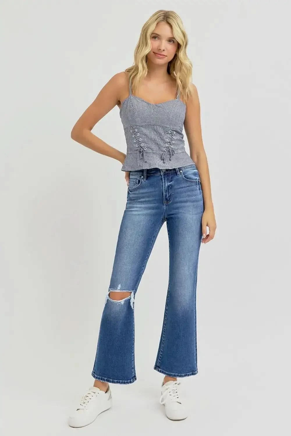 RISEN Full Size Distressed High Rise Crop Flare Jeans in - photo