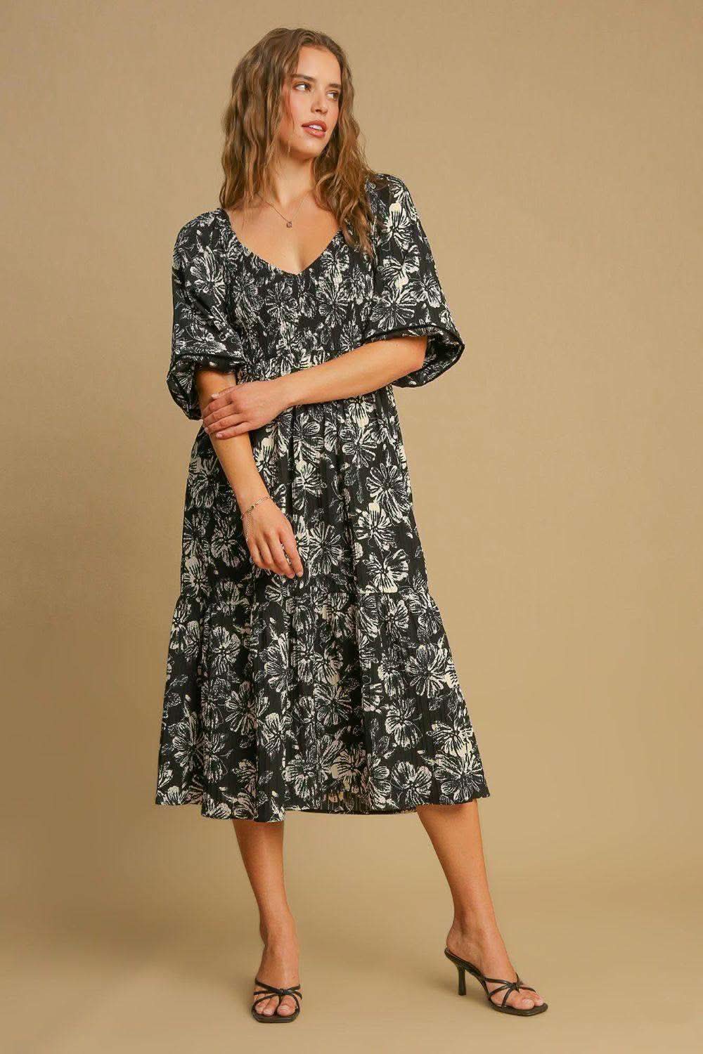 Umgee Ruffle Hem Flower Printed V-Neck Dress in Black - photo