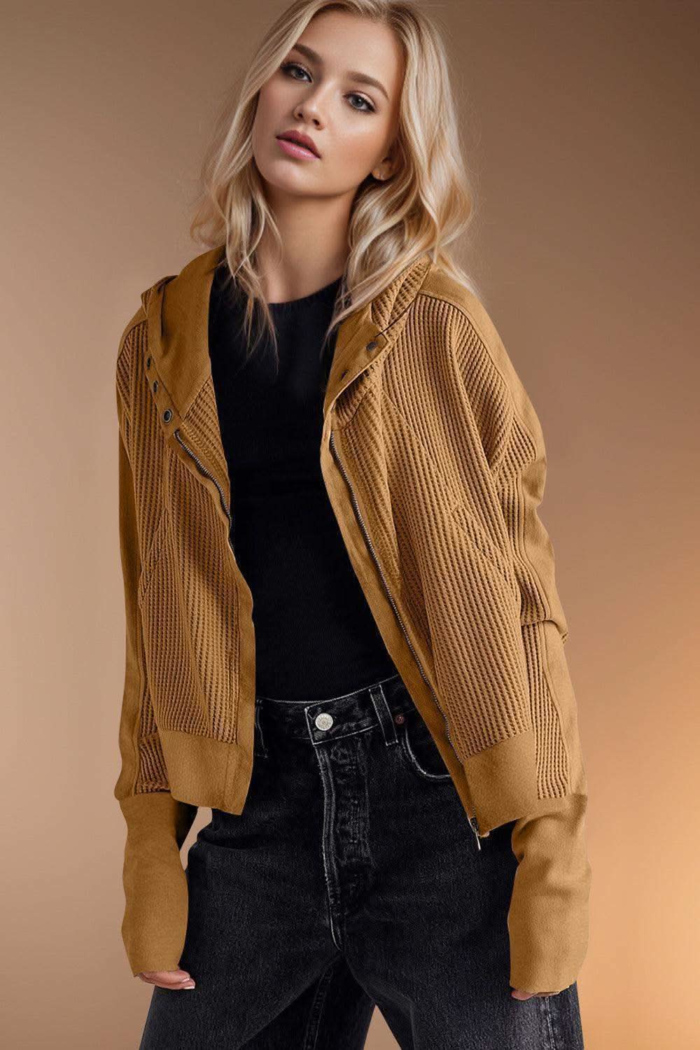 Double Take Waffle-Knit Zip Up Long Sleeve Hooded Jacket in - photo