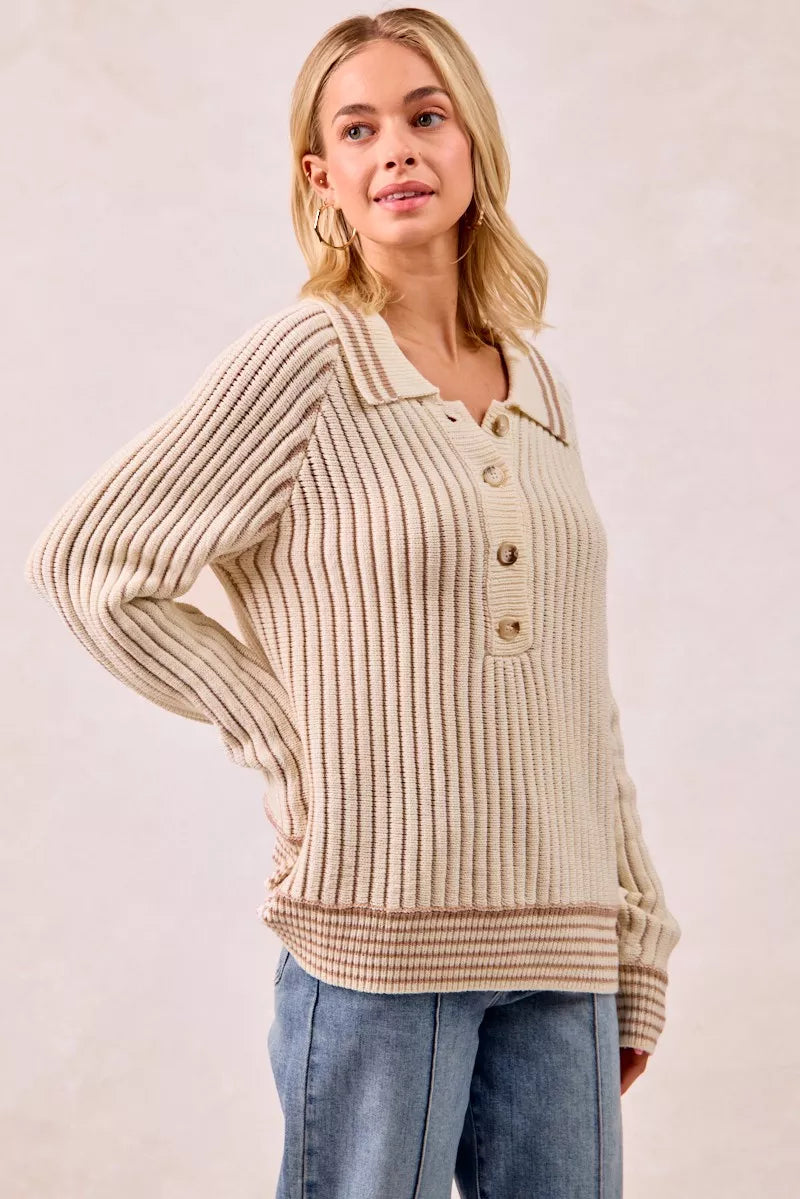 BiBi Half Button Ribbed Two Tone Sweater - SwagglyLife Home & Fashion