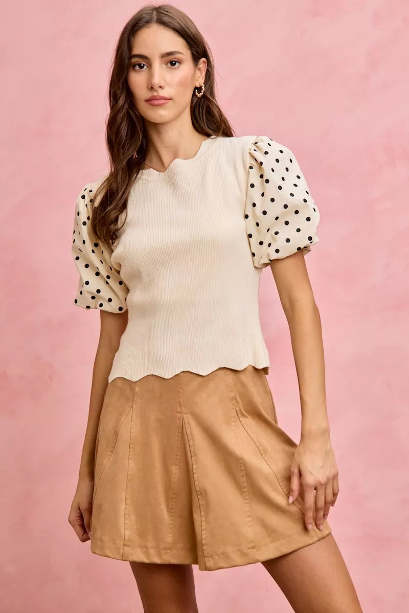 SO ME Polka Dot Contrast Woven Ballon Sleeve Blouse in - photo