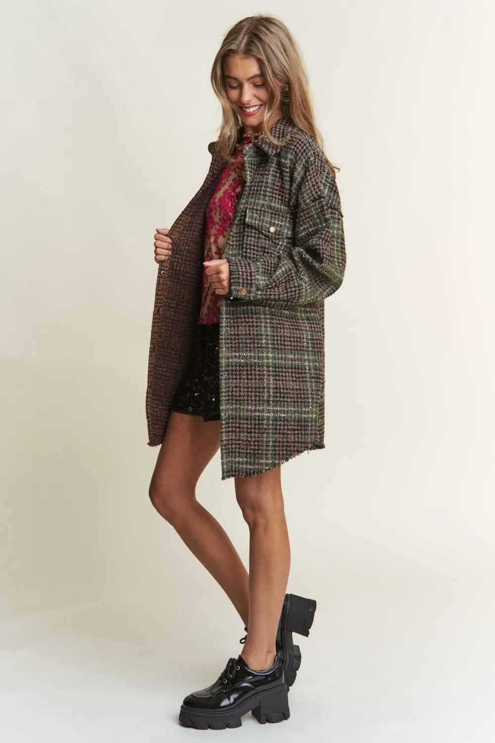 J.NNA Snap Down Tweed Plaid Contrast Longline Shacket in - photo