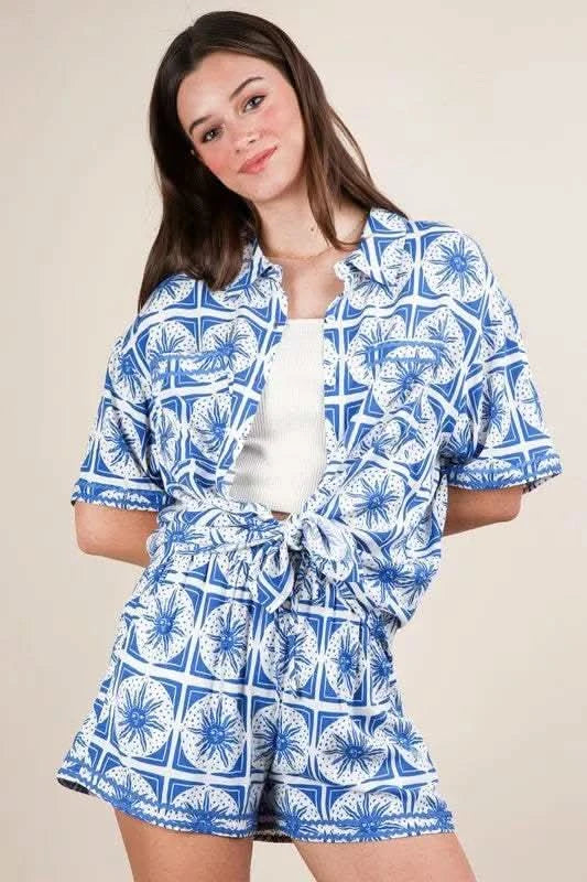 VERY J Full Size Tropical Printed Shirt Top and Shorts Set Plus Size in - photo