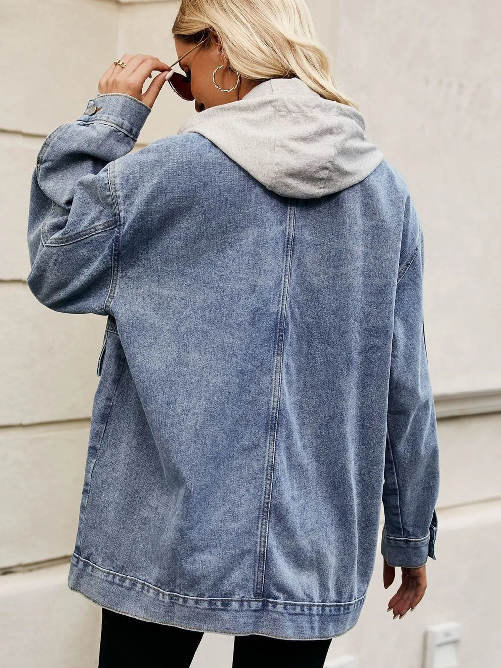 Oversized Button Up Denim Jacket with Hood in - photo