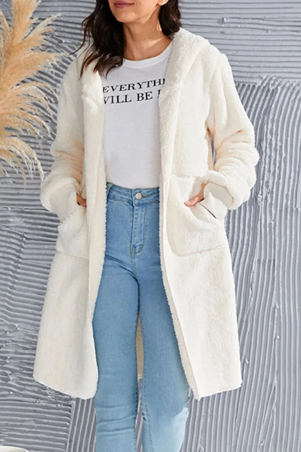Double Take Full Size Hooded Teddy Bear Jacket with Thumbholes in - photo