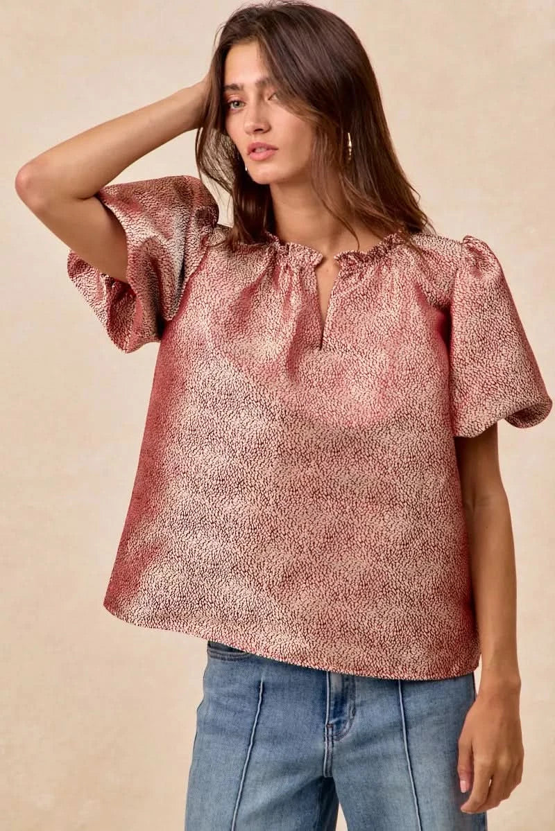 BiBi Jacquard Woven Short Balloon Sleeves V Neck Top in - photo