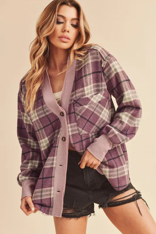 Aemi + Co Side Slit Patch Pocket Plaid Button Down Jacket in Purple - photo