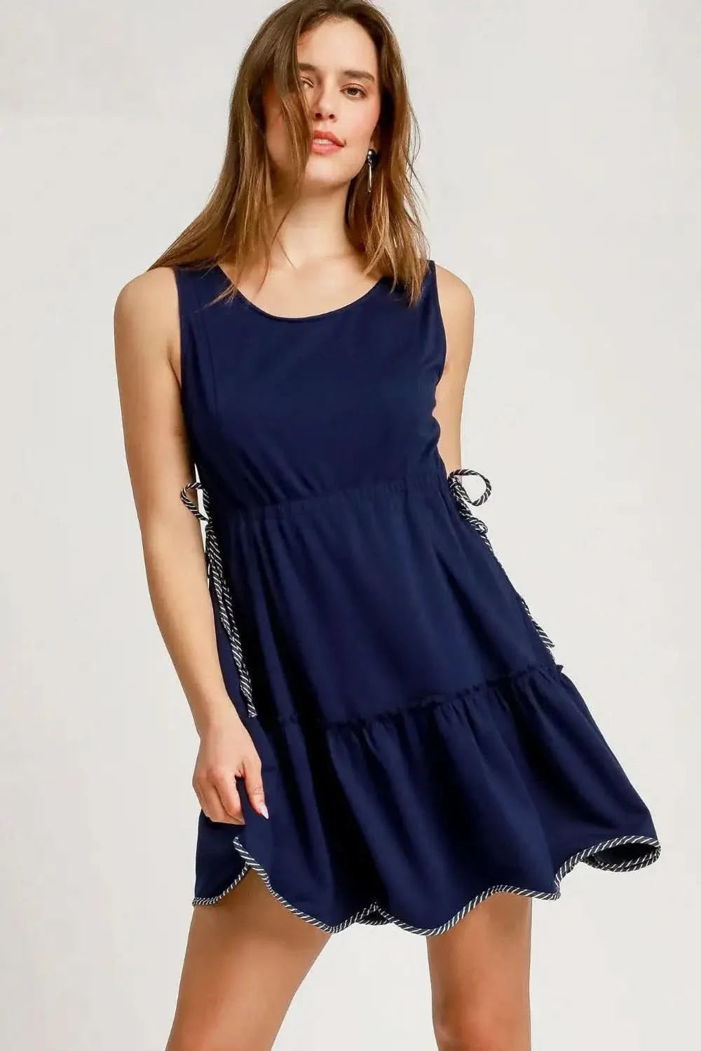 Umgee Frill Drawstring Waist Round Neck Mini Tank Dress in Dark Navy - photo