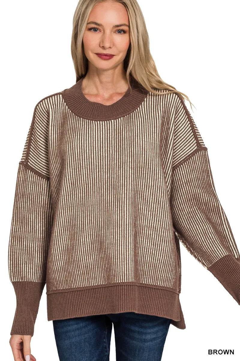 Zenana Exposed Seam Two Tone Ribbed Sweater in BROWN - photo