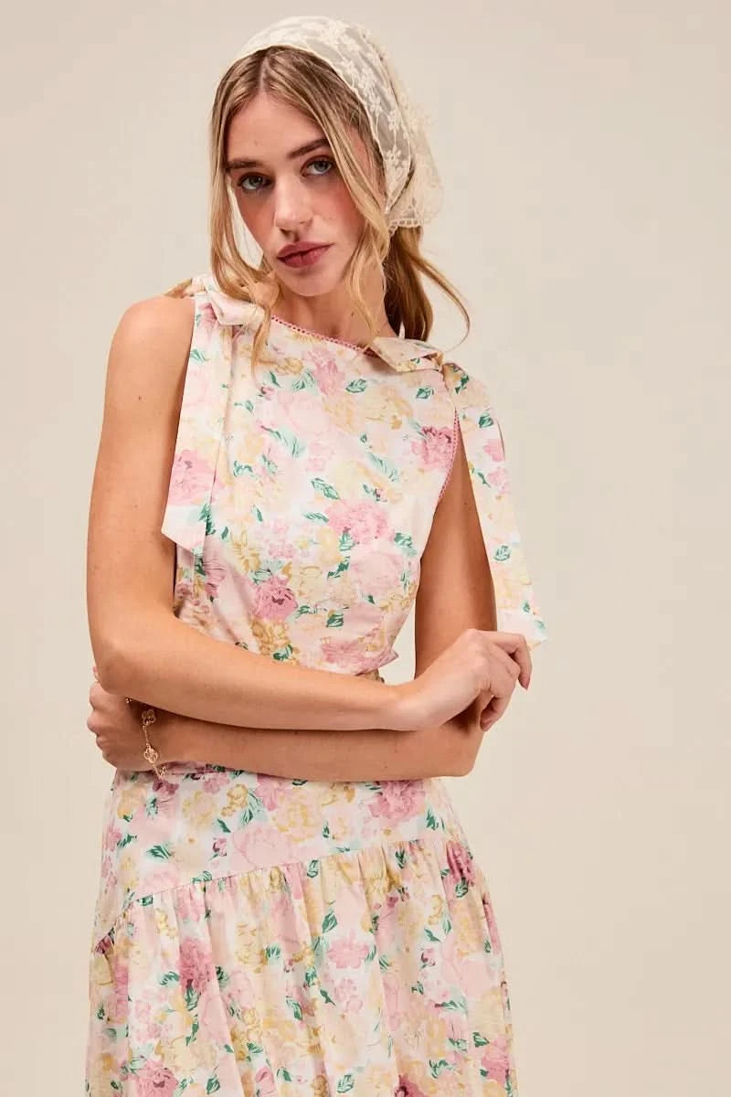 SO ME Floral Printed Woven Shoulder Bow Tie Top and Skirt Set in - photo