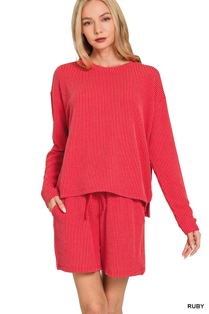 Zenana Corded Rib Long Sleeve Tee and Shorts Set in RUBY - photo