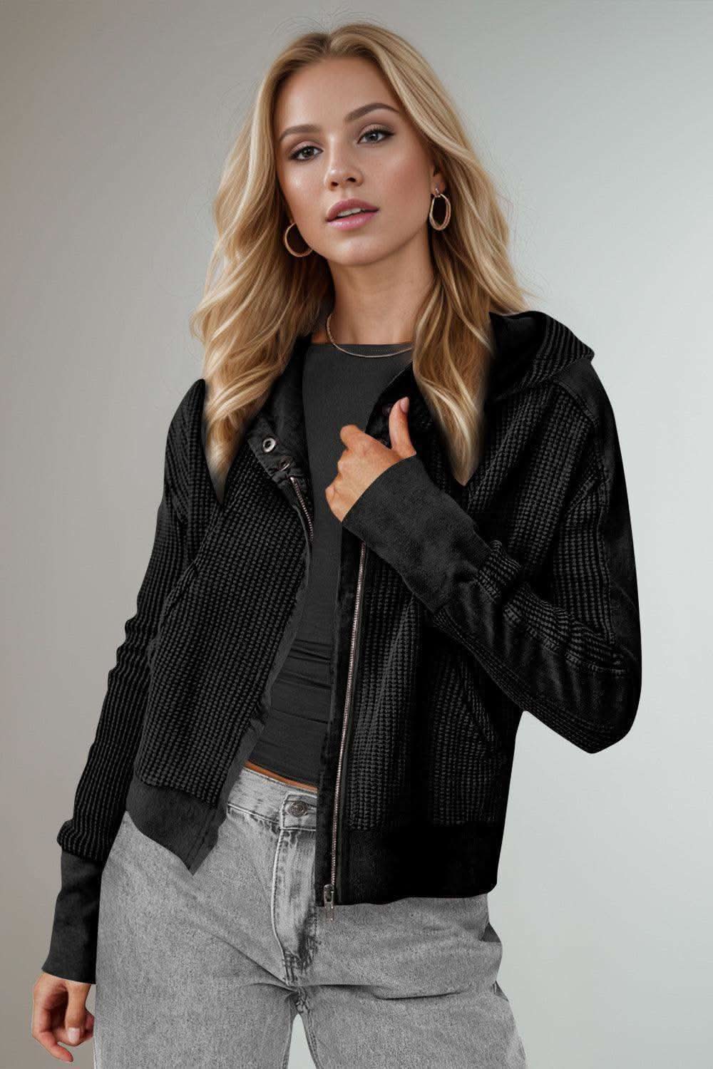 Double Take Waffle-Knit Zip Up Long Sleeve Hooded Jacket in - photo