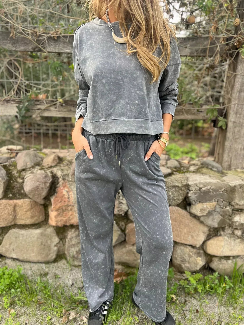Full Size Washed Round Neck Top and Drawstring Pants Set Plus Size in Gray - photo