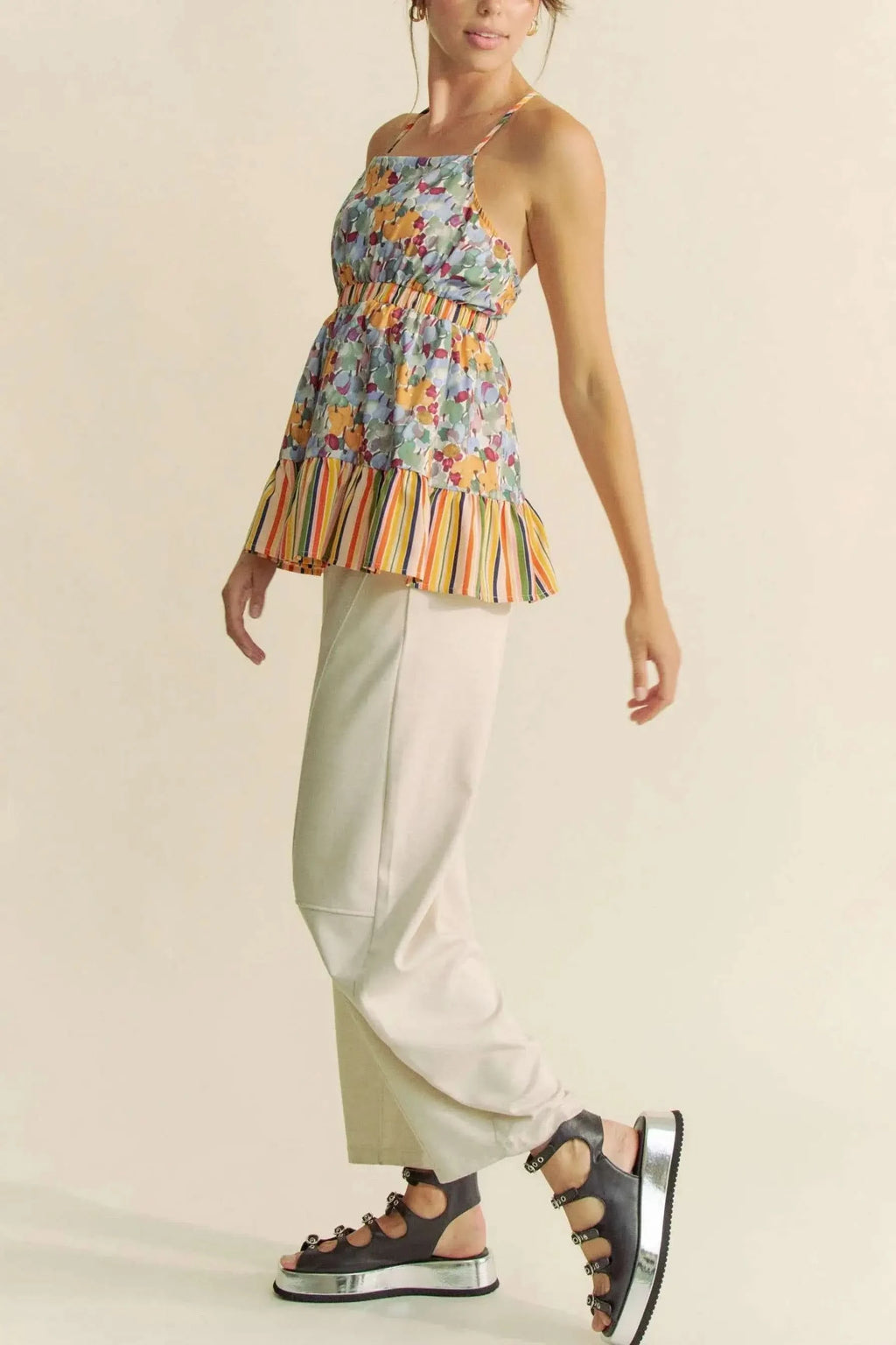 Davi & Dani Floral Smocked Sleeveless Ruffle Back Tie Top - SwagglyLife Home & Fashion