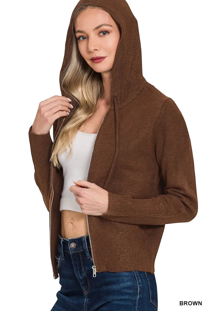 Zenana Drawstring Zip Up Hooded Cardigan in - photo