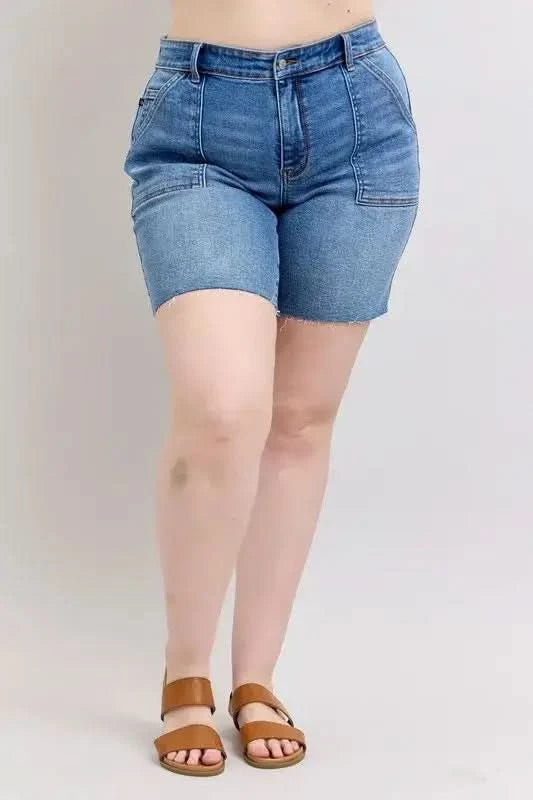 Judy Blue Full Size Mid Rise Bermudas Denim Shorts W/ Back Flap Pockets Plus Size in - photo