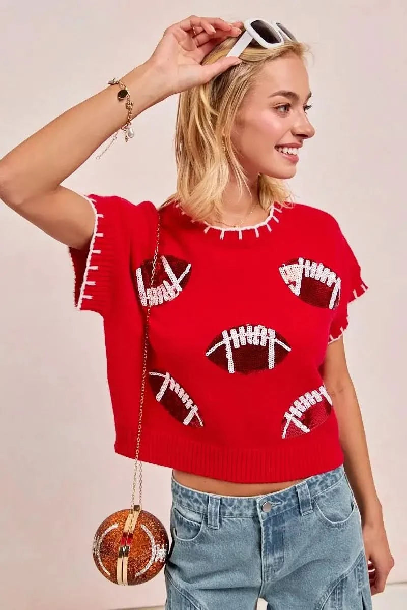 BiBi Gameday Sequin Football Embroidered Stitch Sweater in - photo