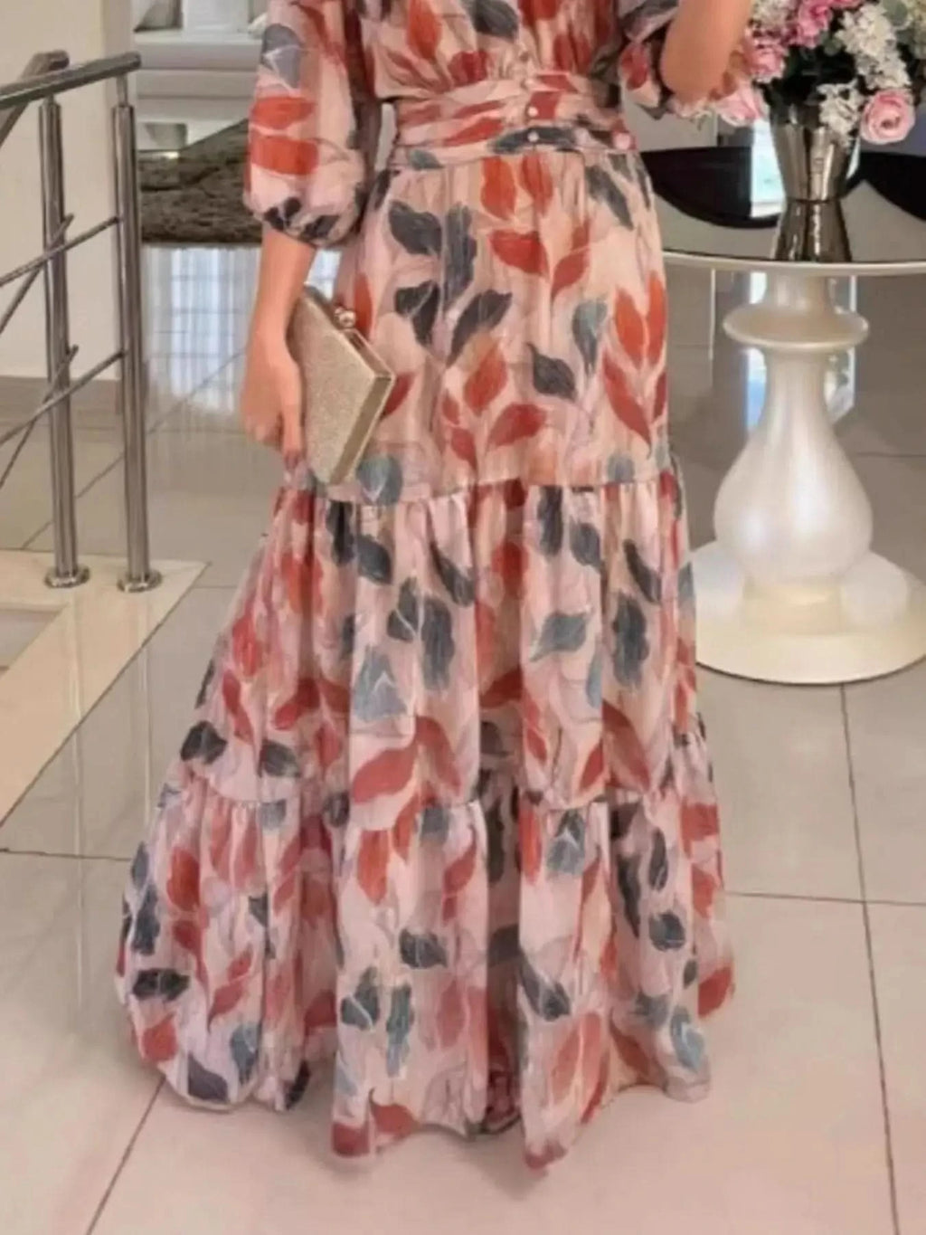 Full Size Printed V-Neck Maxi Dress with Tiered Hemline Plus Size - SwagglyLife Home & Fashion