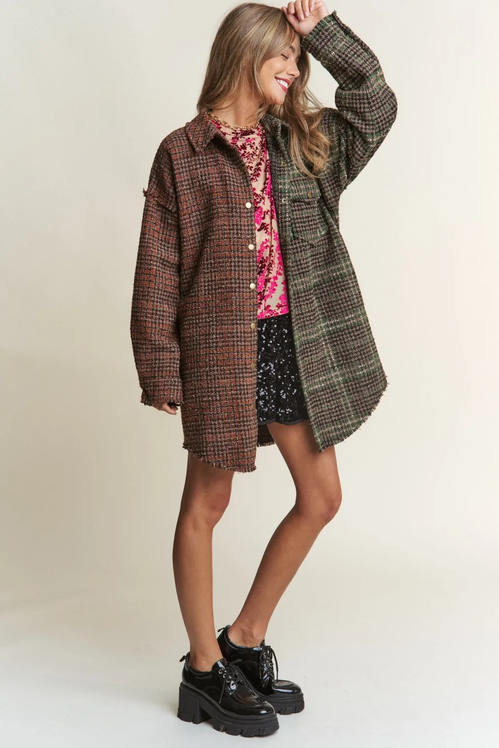 J.NNA Snap Down Tweed Plaid Contrast Longline Shacket in - photo