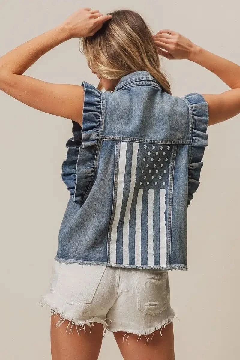 BiBi American Flag Washed Denim Jacket - SwagglyLife Home & Fashion