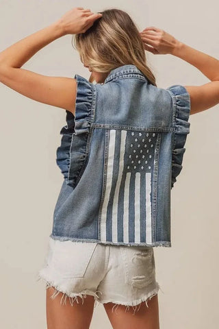 BiBi American Flag Washed Denim Jacket - SwagglyLife Home & Fashion BiBi American Flag Washed Denim Jacket - SwagglyLife Home & Fashion