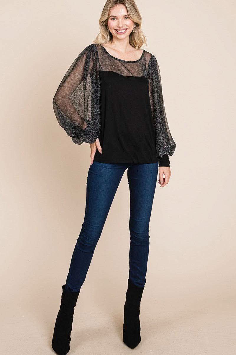 Super Lady Full Size Metallic Mesh Lantern Sleeve Blouse in - photo