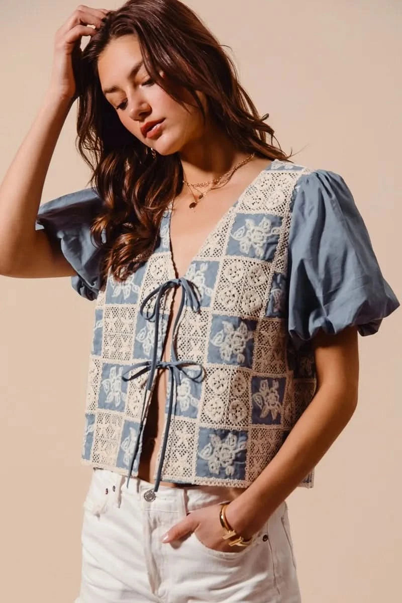 SO ME Crochet Lace Tie Front V Neck Blouse Top - SwagglyLife Home & Fashion