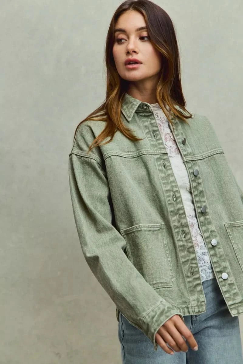 SO ME Vintage Washed Button Twill Shacket in - photo