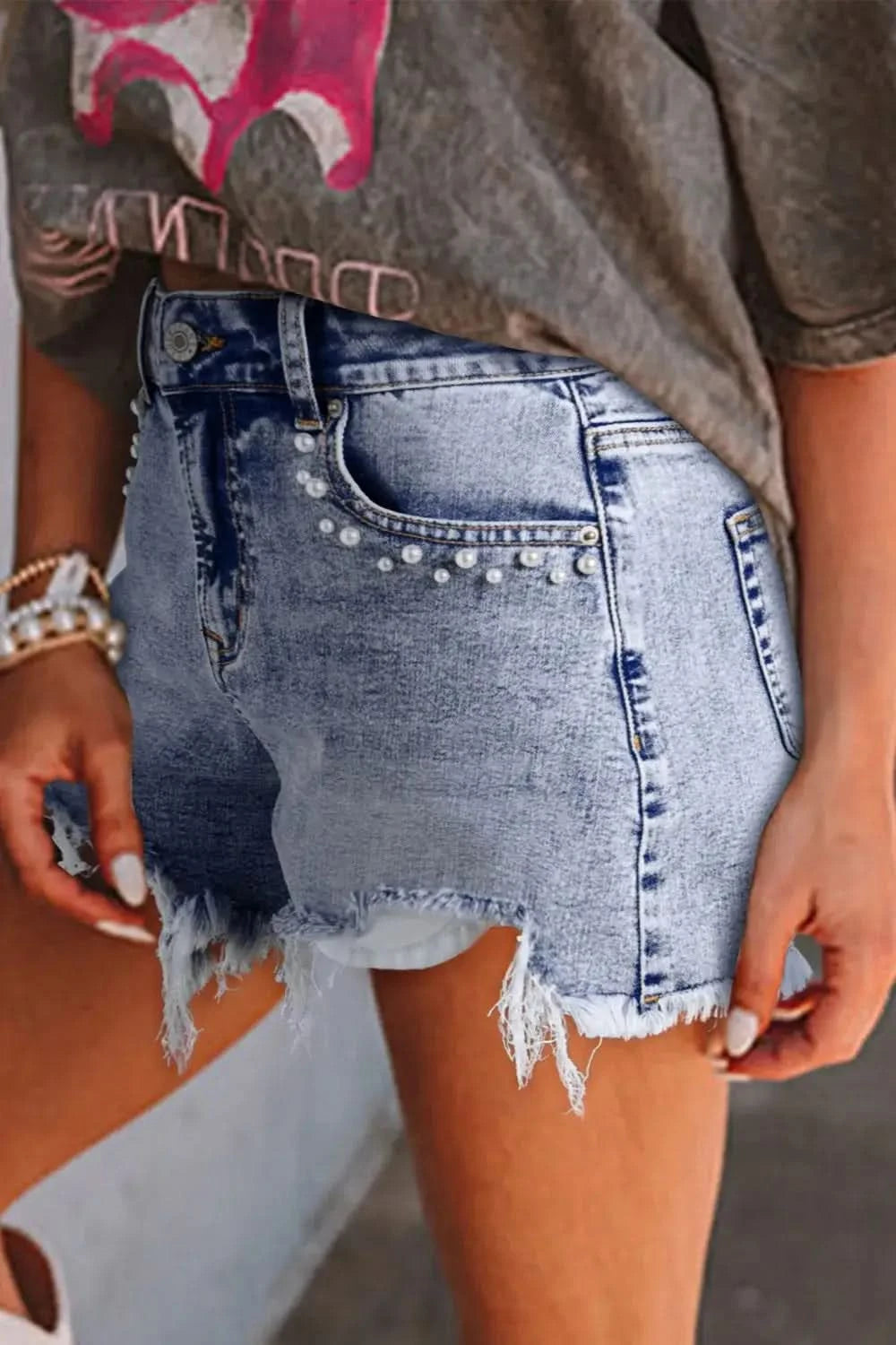Pearl Studded Pockets Raw Hem Denim Shorts - SwagglyLife Home & Fashion