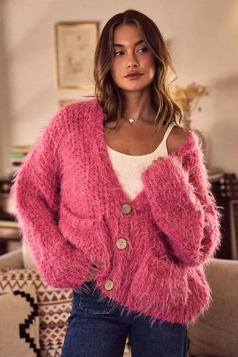 SO ME Soft Touch Hairy Loose Fit Cozy Sweater Cardigan in - photo