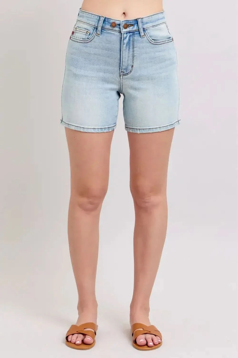 Judy Blue Full Size 2 Button Denim Shorts with Pockets Plus Size in Light - photo