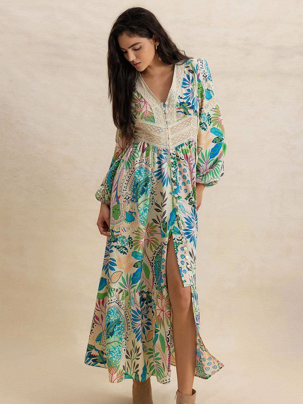 Slit Printed V-Neck Long Sleeve Midi Dress in - Dresses photo