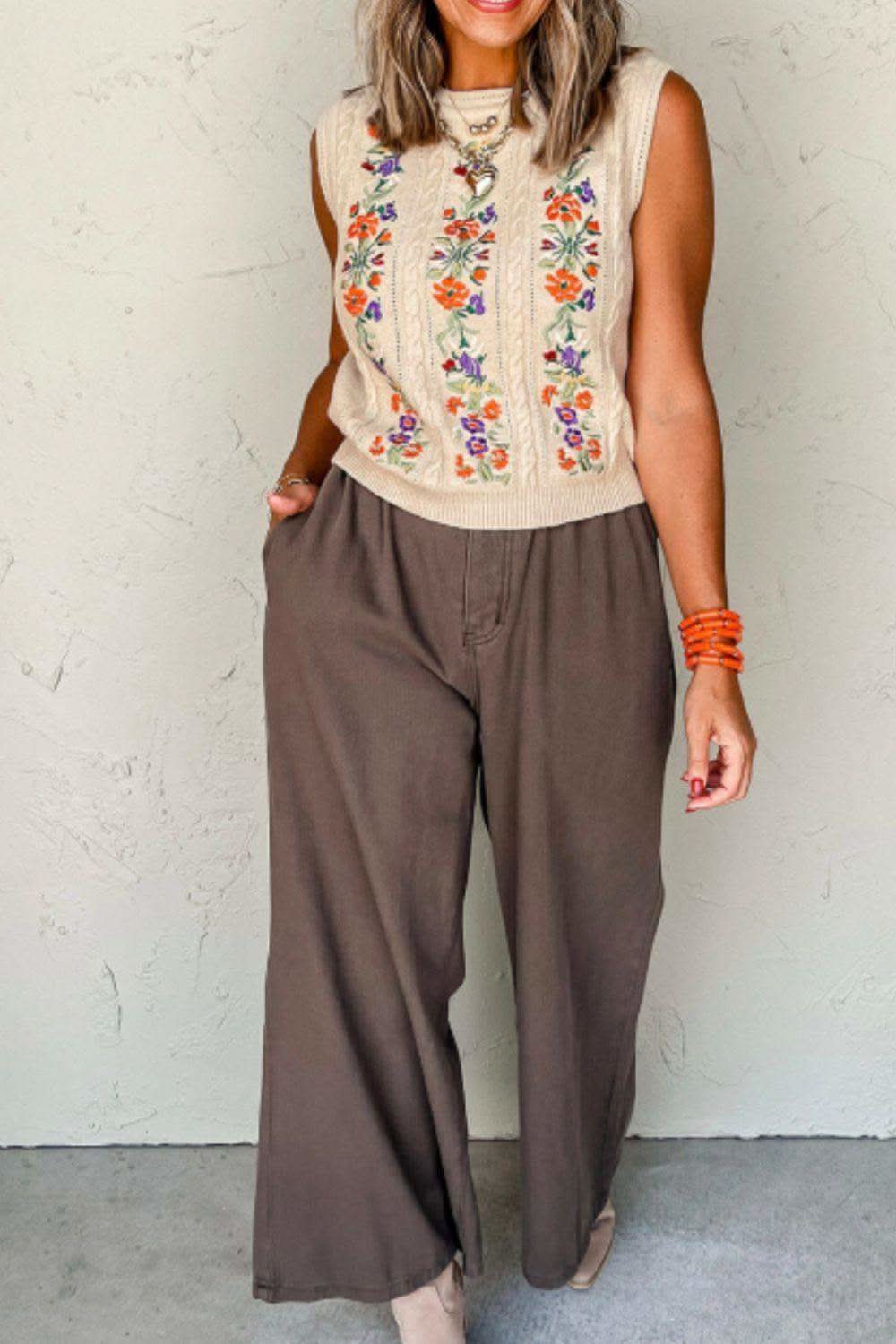 Embroidered Cable-Knit Round Neck Sweater Vest in - Sweaters photo